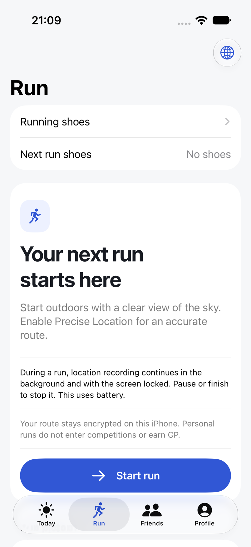 iPhone 上的 KinGuild 跑步页面,展示个人跑步功能,内容为示例测试记录。